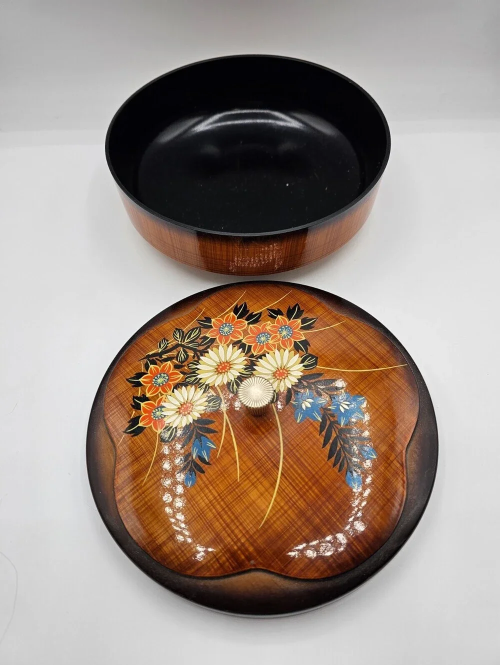 Vintage Asian Lacquerware Lidded Bowl Floral Vase Motif Trinket Storage Box